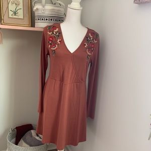 Entro Embroidered Long Sleeve Faux Wrap Dress